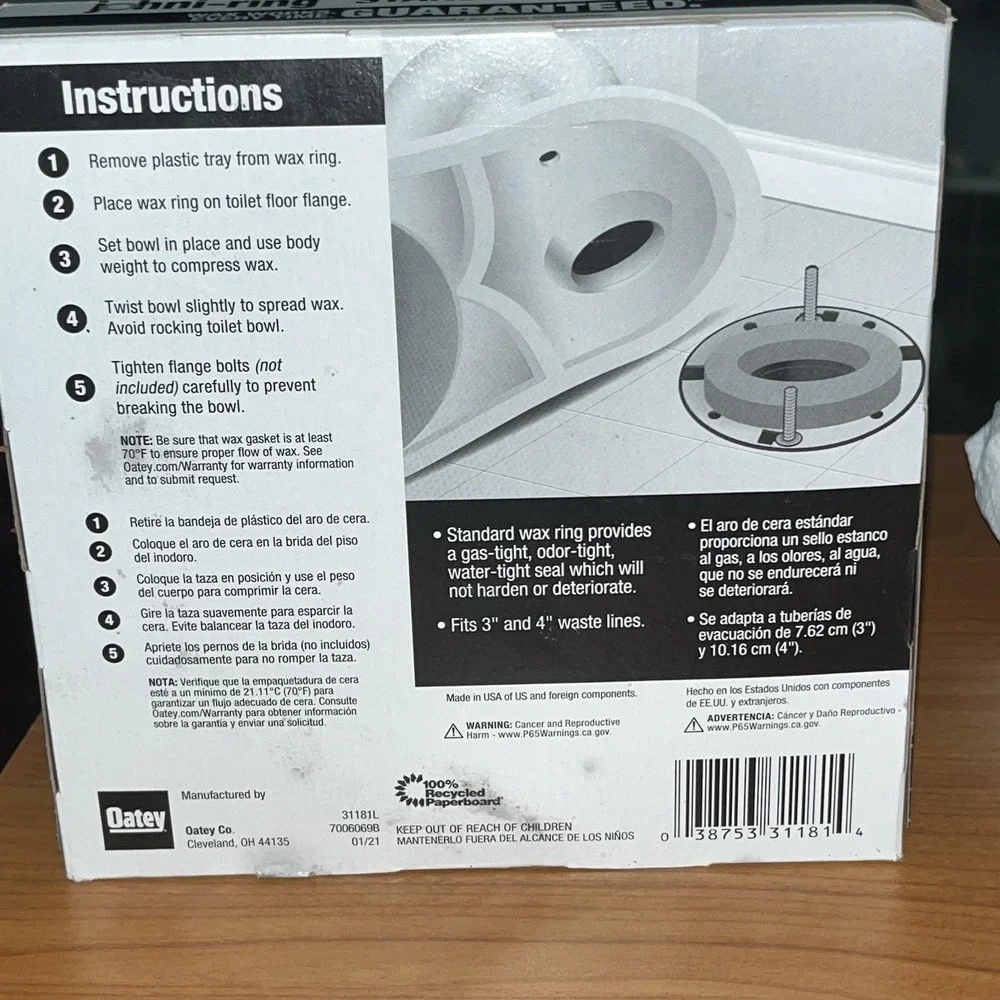 Oatey Johni Ring 31182L Reinforced Wax Ring Kit W/Hardware Fits 3-4